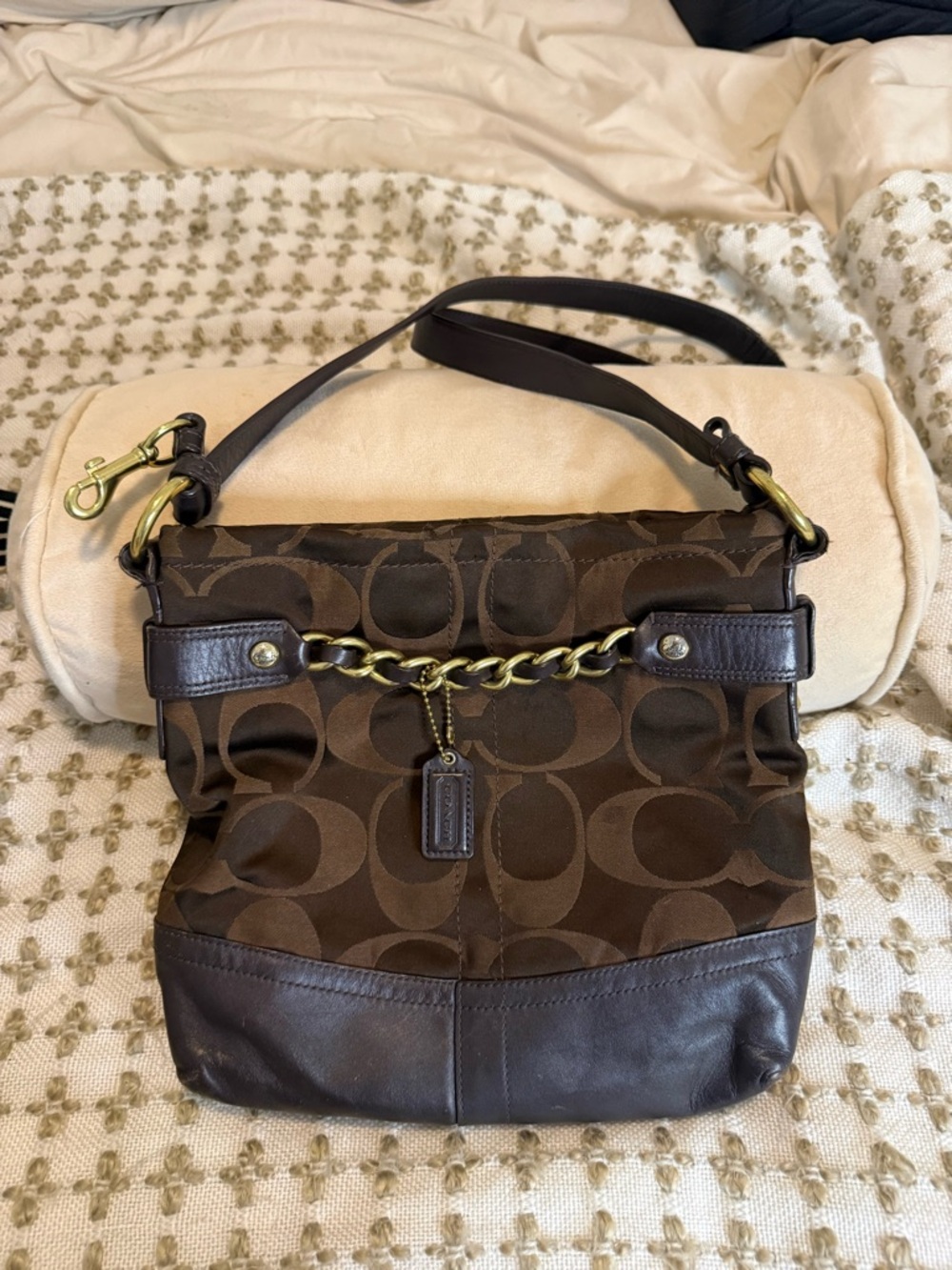Coach Brown Signature Logo Chain-Accent Shoulder Bag